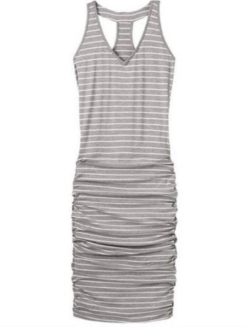 Athleta Gray and White Striped Ruched Tank Midi Dress